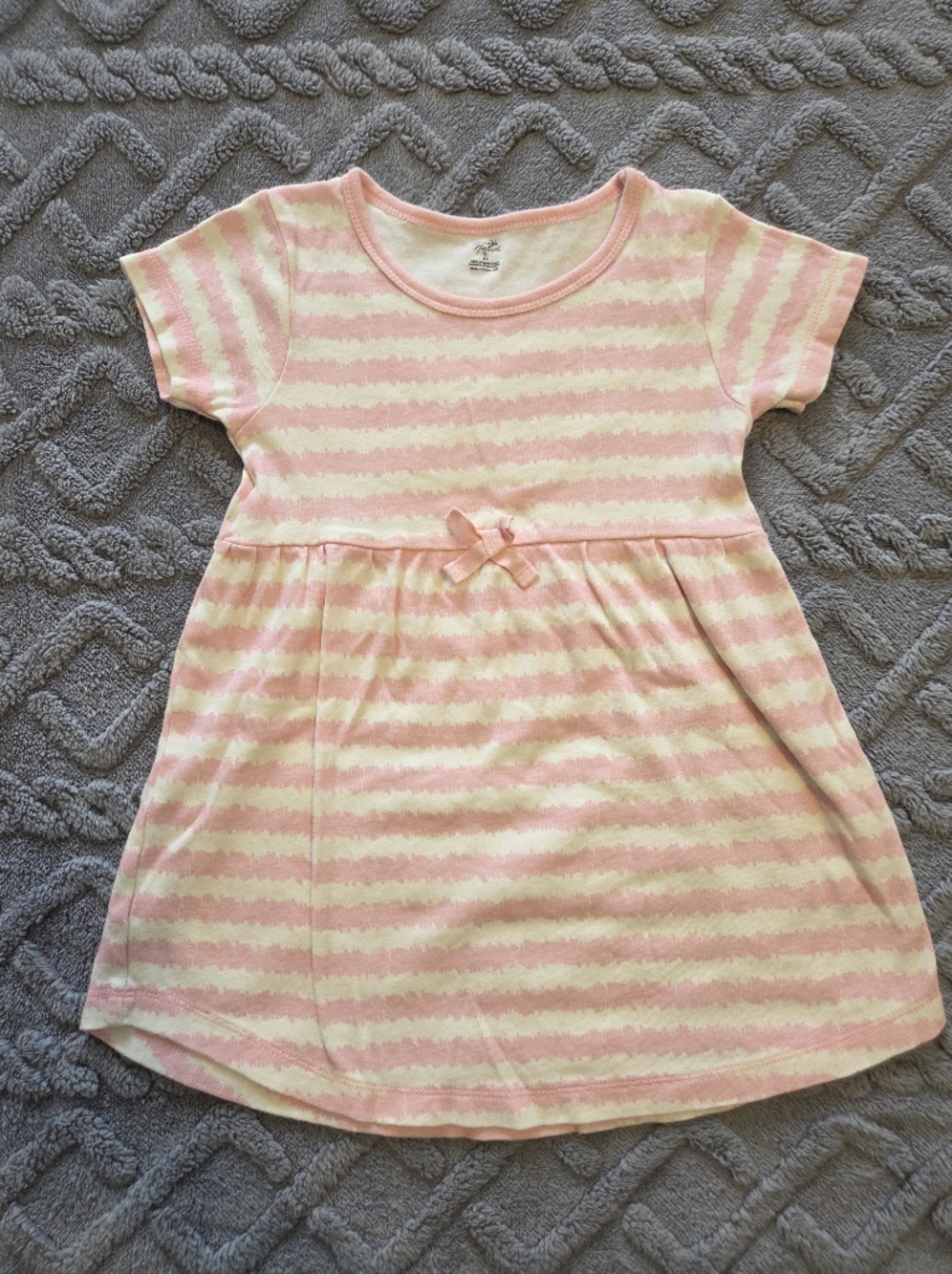 5T Girls Pink and Cream Striped Dress with Bow Accent, 100% Organic Cotton